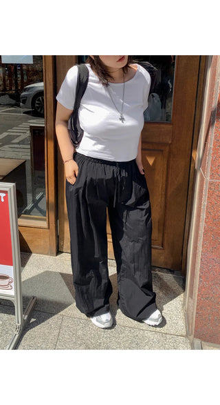 T'EL Nylon Contrast Pintuck Two-Way String Jogger Wide Pants