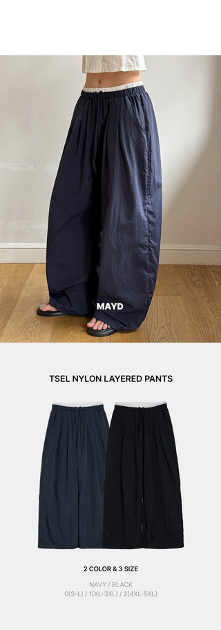 T'EL Nylon Contrast Pintuck Two-Way String Jogger Wide Pants