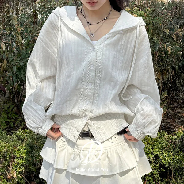 Lorard Jacquard Lace Oversized Hooded Cotton Windbreaker Shirt Jacket