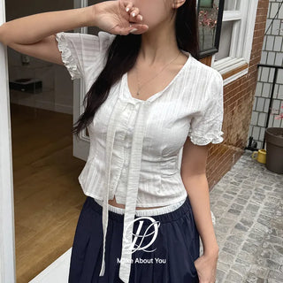 Duren Jacquard Cotton Ribbon Strap Tie Frill Semi-Crop Short Sleeve Blouse