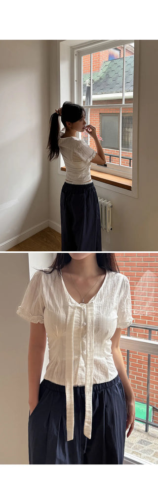 Duren Jacquard Cotton Ribbon Strap Tie Frill Semi-Crop Short Sleeve Blouse