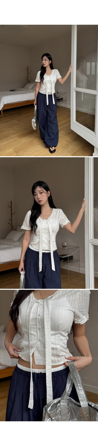 Duren Jacquard Cotton Ribbon Strap Tie Frill Semi-Crop Short Sleeve Blouse