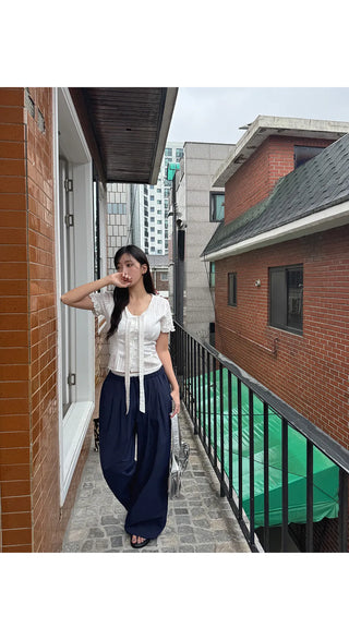 Duren Jacquard Cotton Ribbon Strap Tie Frill Semi-Crop Short Sleeve Blouse