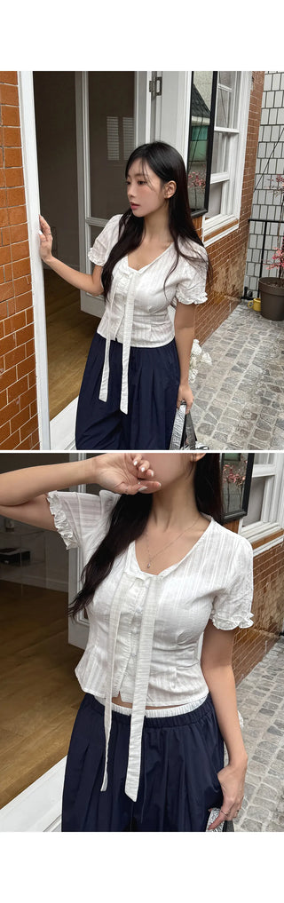 Duren Jacquard Cotton Ribbon Strap Tie Frill Semi-Crop Short Sleeve Blouse
