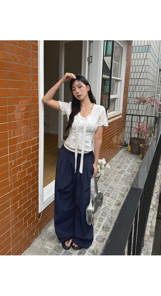 Duren Jacquard Cotton Ribbon Strap Tie Frill Semi-Crop Short Sleeve Blouse