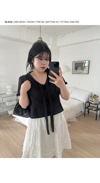 Duren Jacquard Cotton Ribbon Strap Tie Frill Semi-Crop Short Sleeve Blouse