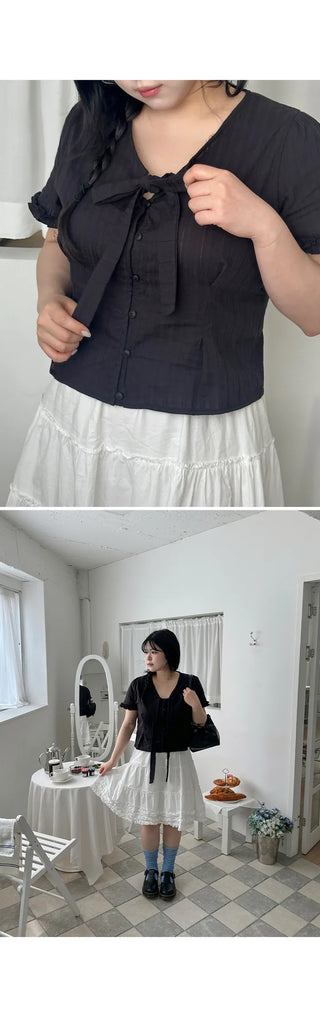 Duren Jacquard Cotton Ribbon Strap Tie Frill Semi-Crop Short Sleeve Blouse