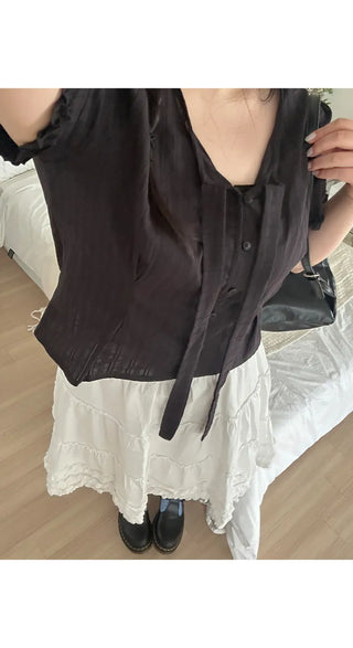 Duren Jacquard Cotton Ribbon Strap Tie Frill Semi-Crop Short Sleeve Blouse
