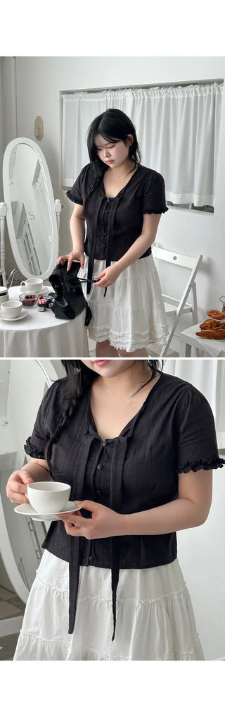 Duren Jacquard Cotton Ribbon Strap Tie Frill Semi-Crop Short Sleeve Blouse