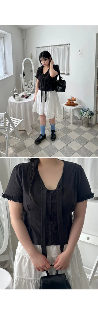 Duren Jacquard Cotton Ribbon Strap Tie Frill Semi-Crop Short Sleeve Blouse