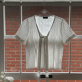 Duren Jacquard Cotton Ribbon Strap Tie Frill Semi-Crop Short Sleeve Blouse