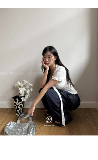 Duren Jacquard Cotton Ribbon Strap Tie Frill Semi-Crop Short Sleeve Blouse