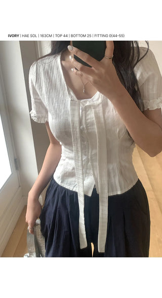 Duren Jacquard Cotton Ribbon Strap Tie Frill Semi-Crop Short Sleeve Blouse