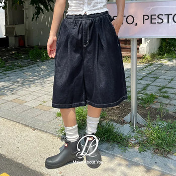All-Elastic Waist Non-Faded Denim Bermuda Tuck Wide Half Pants Unisex Denim Shorts