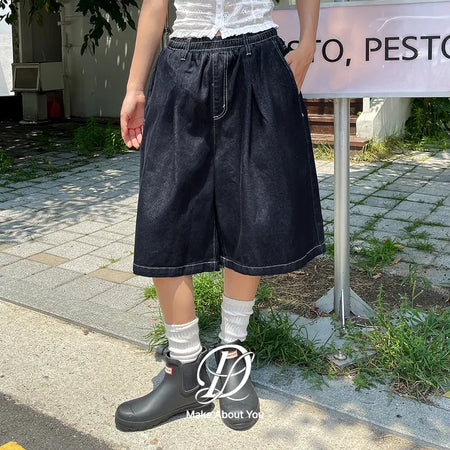 All-Elastic Waist Non-Faded Denim Bermuda Tuck Wide Half Pants Unisex Denim Shorts