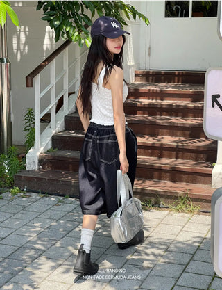 All-Elastic Waist Non-Faded Denim Bermuda Tuck Wide Half Pants Unisex Denim Shorts