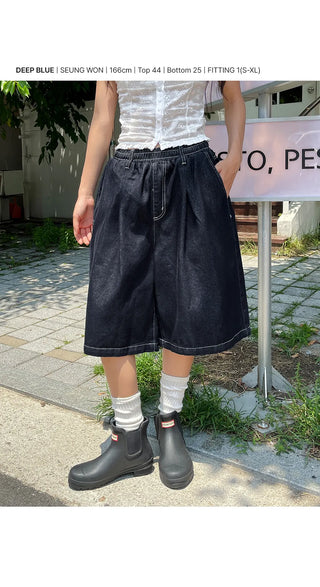 All-Elastic Waist Non-Faded Denim Bermuda Tuck Wide Half Pants Unisex Denim Shorts