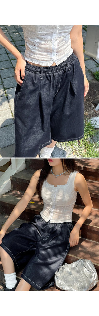 All-Elastic Waist Non-Faded Denim Bermuda Tuck Wide Half Pants Unisex Denim Shorts