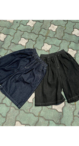 All-Elastic Waist Non-Faded Denim Bermuda Tuck Wide Half Pants Unisex Denim Shorts