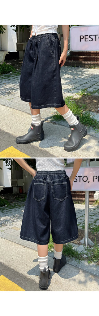 All-Elastic Waist Non-Faded Denim Bermuda Tuck Wide Half Pants Unisex Denim Shorts