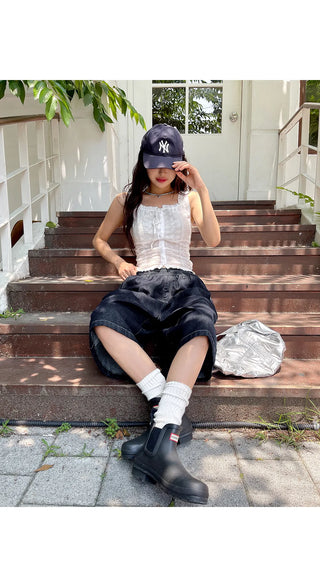 All-Elastic Waist Non-Faded Denim Bermuda Tuck Wide Half Pants Unisex Denim Shorts