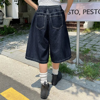 All-Elastic Waist Non-Faded Denim Bermuda Tuck Wide Half Pants Unisex Denim Shorts