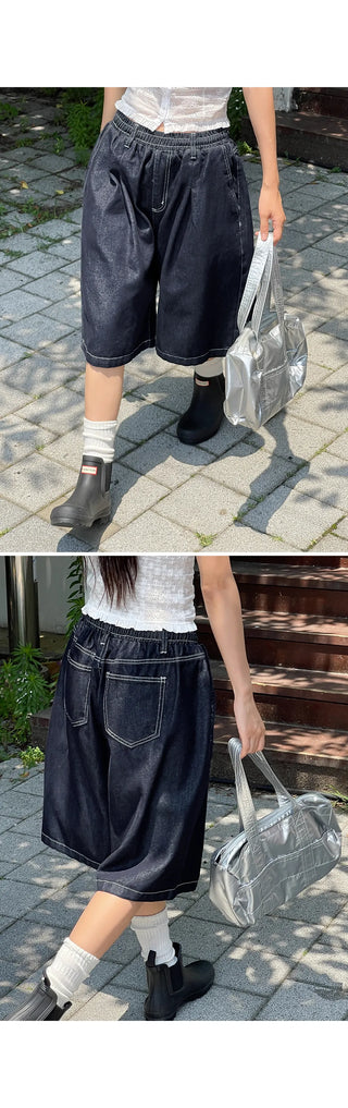 All-Elastic Waist Non-Faded Denim Bermuda Tuck Wide Half Pants Unisex Denim Shorts