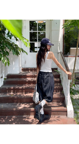 All-Elastic Waist Non-Faded Denim Bermuda Tuck Wide Half Pants Unisex Denim Shorts