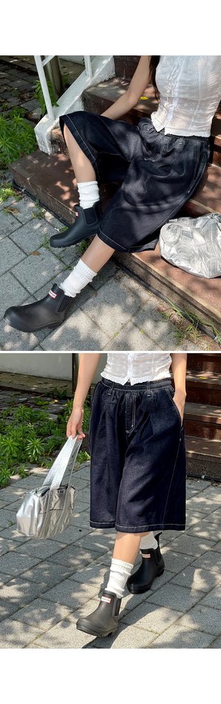 All-Elastic Waist Non-Faded Denim Bermuda Tuck Wide Half Pants Unisex Denim Shorts