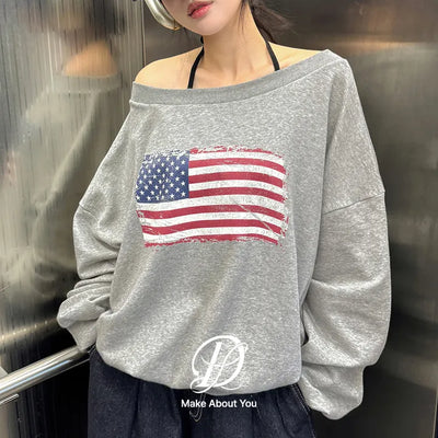 American Flag Print Oversized Boat Neck Off-Shoulder Premium Double-Sided Long Sleeve Sweatshirt