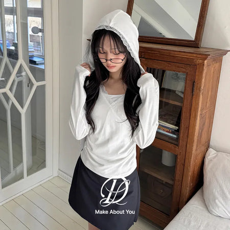 Hermetic Viscose Delicate Fit V-Neck Layered Shirred Lace Hooded Wrap Semi-Crop Long Sleeve T-Shirt