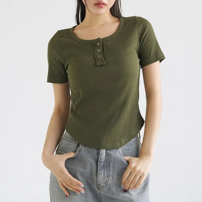 Missed Ribbed Button Slim Rounded Semi-Crop Short Sleeve T-Shirt