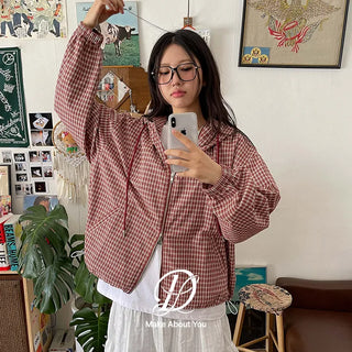 Lara Vintage Check Cotton Hooded Two-Way Windbreaker