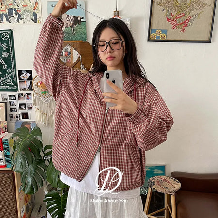 Lara Vintage Check Cotton Hooded Two-Way Windbreaker