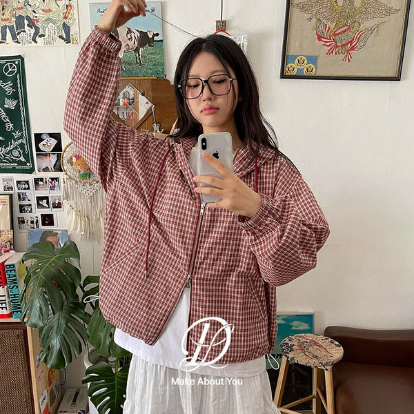 Lara Vintage Check Cotton Hooded Two-Way Windbreaker