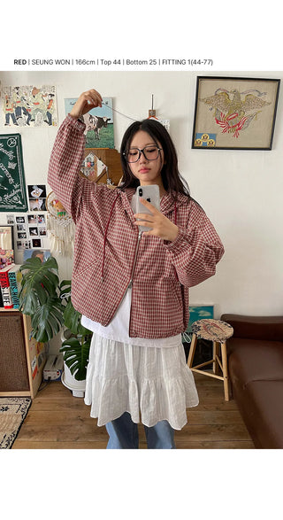 Lara Vintage Check Cotton Hooded Two-Way Windbreaker
