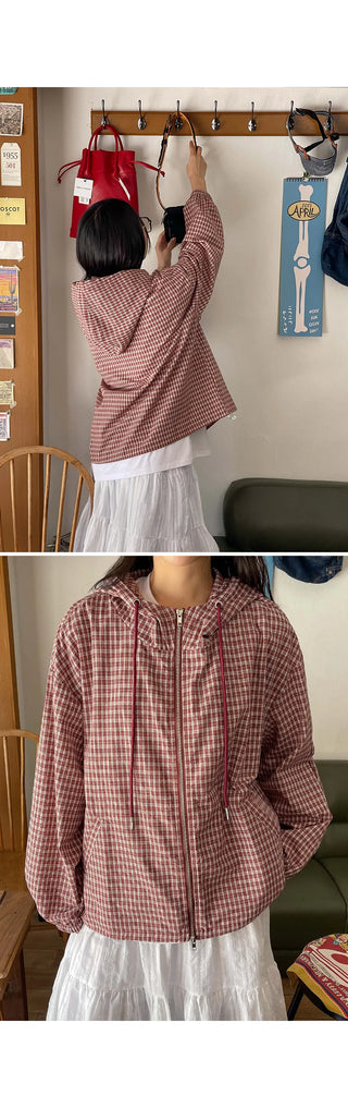 Lara Vintage Check Cotton Hooded Two-Way Windbreaker