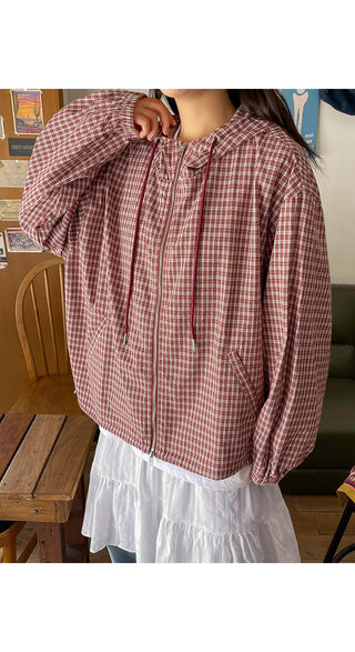 Lara Vintage Check Cotton Hooded Two-Way Windbreaker