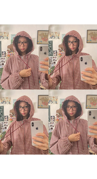Lara Vintage Check Cotton Hooded Two-Way Windbreaker