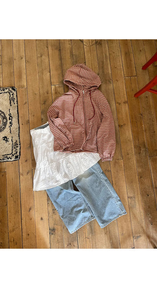 Lara Vintage Check Cotton Hooded Two-Way Windbreaker