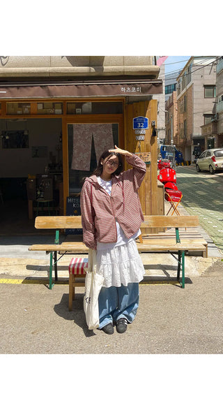 Lara Vintage Check Cotton Hooded Two-Way Windbreaker