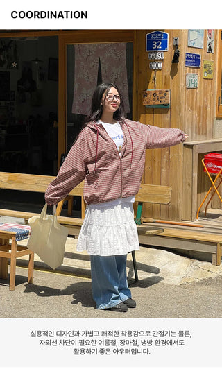 Lara Vintage Check Cotton Hooded Two-Way Windbreaker