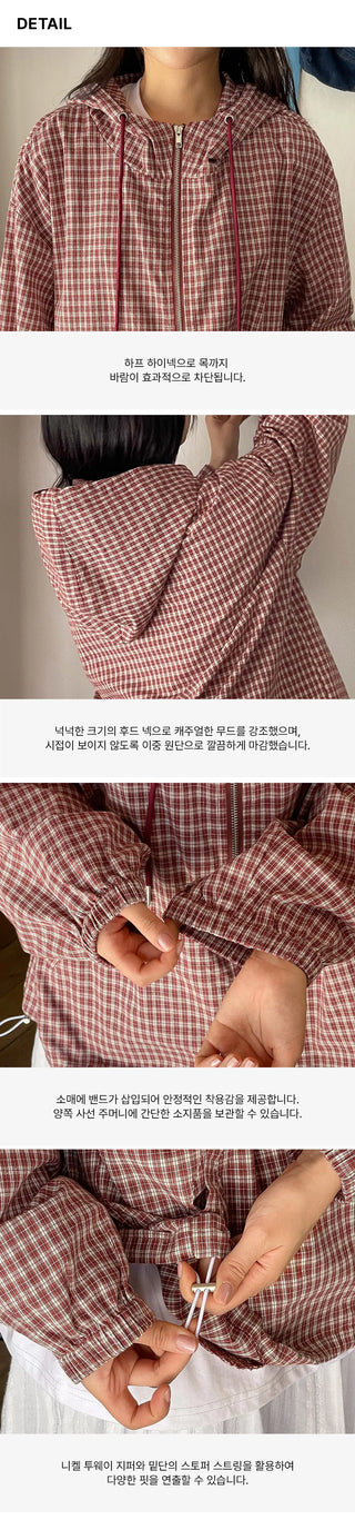 Lara Vintage Check Cotton Hooded Two-Way Windbreaker