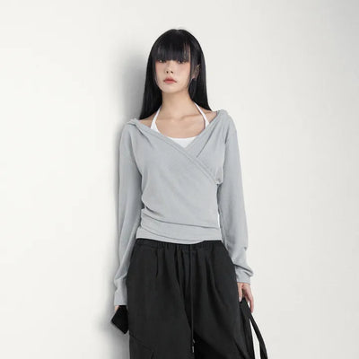Mari V-Neck Hoodie Ribbed Wrap Layered Knit Long Sleeve T-Shirt