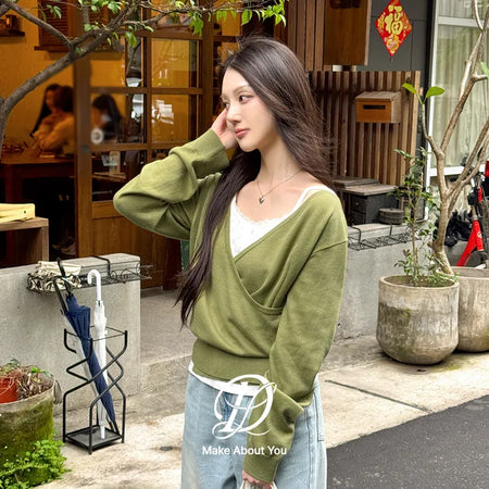 Mecca V-Neck Delicate Fit Semi-Crop Layered Wrap Knit Cardigan