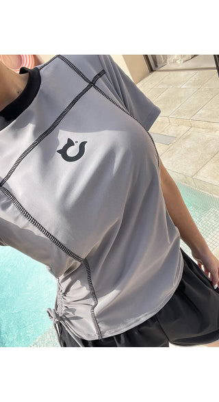 Pochan Shirred Rash Guard Short Sleeve T-shirt Shorts Piece Set Swimwear Resort Look
