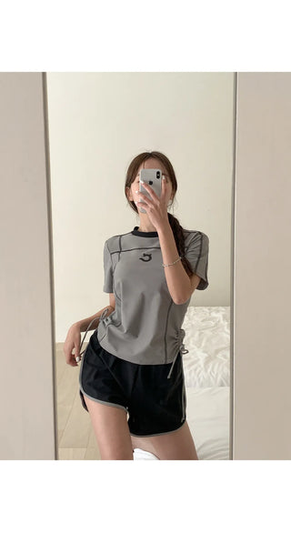 Pochan Shirred Rash Guard Short Sleeve T-shirt Shorts Piece Set Swimwear Resort Look