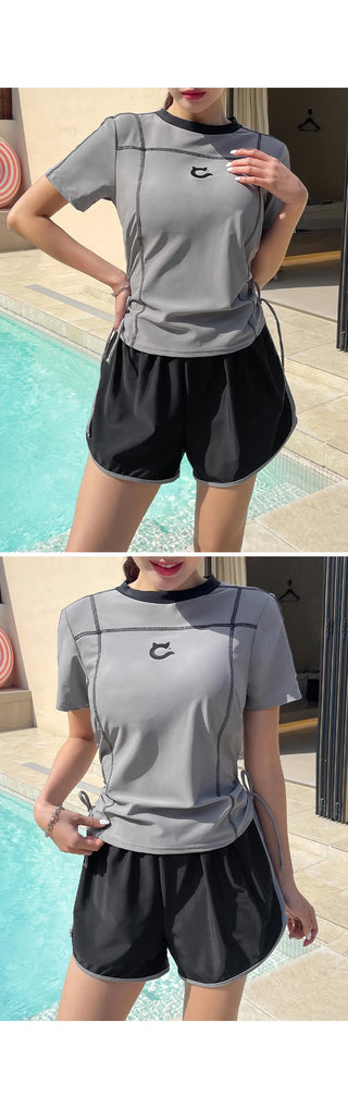 Pochan Shirred Rash Guard Short Sleeve T-shirt Shorts Piece Set Swimwear Resort Look