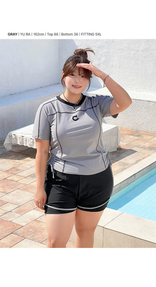 Pochan Shirred Rash Guard Short Sleeve T-shirt Shorts Piece Set Swimwear Resort Look