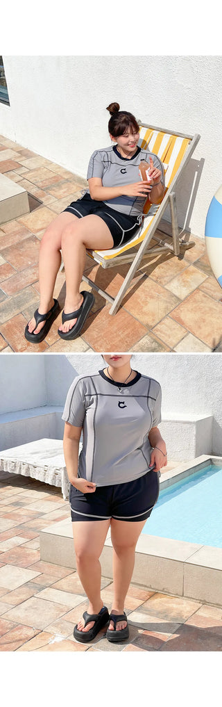Pochan Shirred Rash Guard Short Sleeve T-shirt Shorts Piece Set Swimwear Resort Look